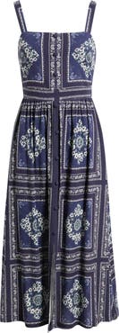 ZOE AND CLAIRE Grid Print Sleeveless Cotton & Linen Midi Dress
