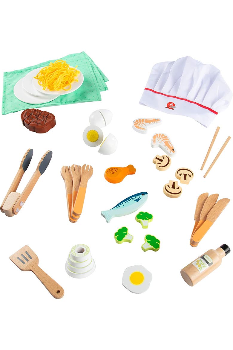 Hibachi Grill Wooden Kids Playset w/ Stools, Table Settings and Over 25 Toy Food Pieces, Alternate, color, None