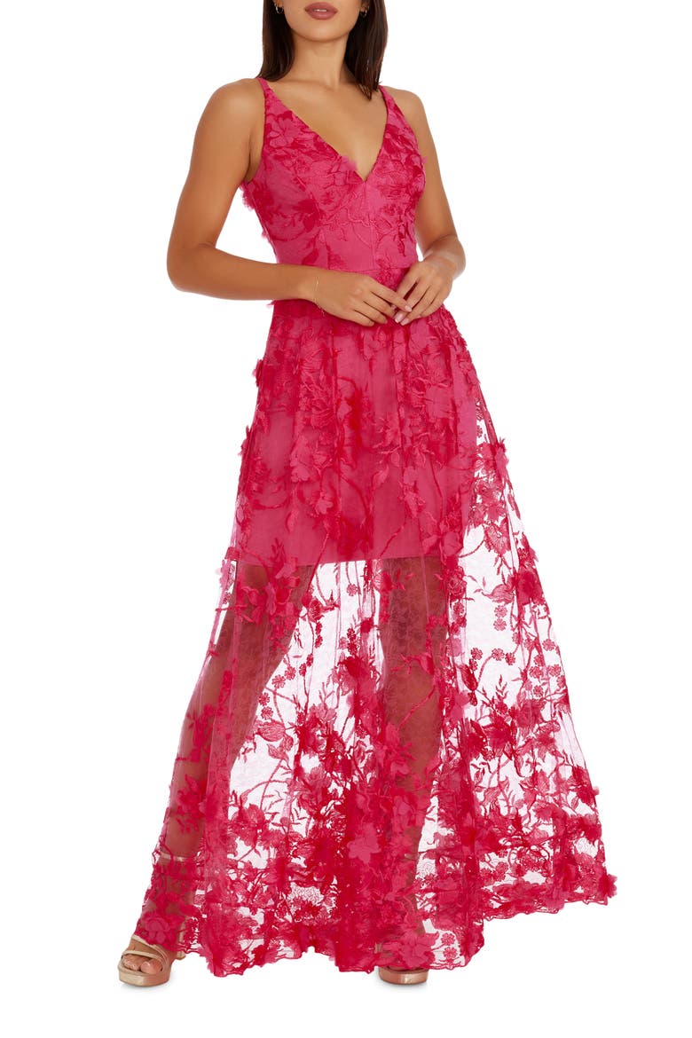 Sidney Deep V-Neck 3D Lace Gown, Main, color, BEGONIA