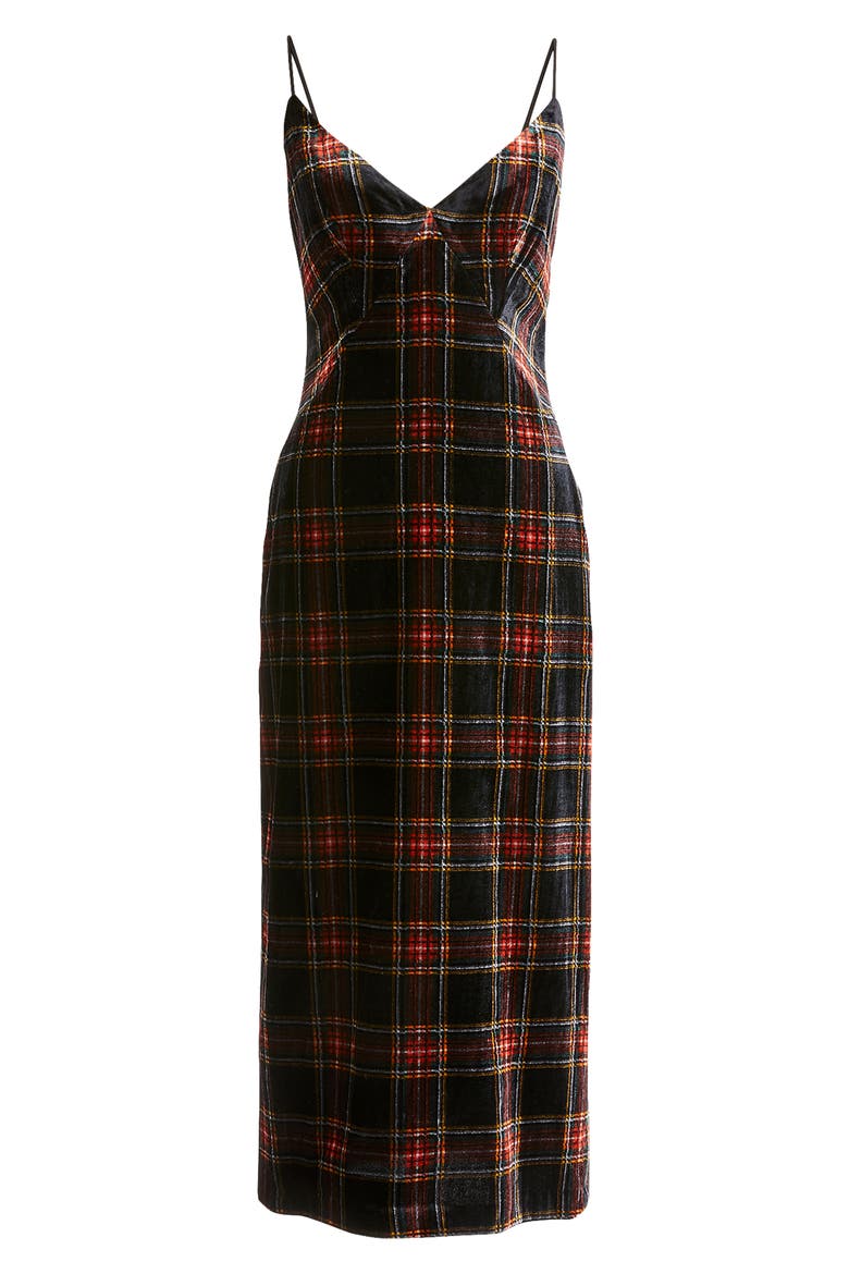 Spaghetti Strap Midi Dress in Velvet Stewart Tartan, Alternate, color, RED GREEN MULTI