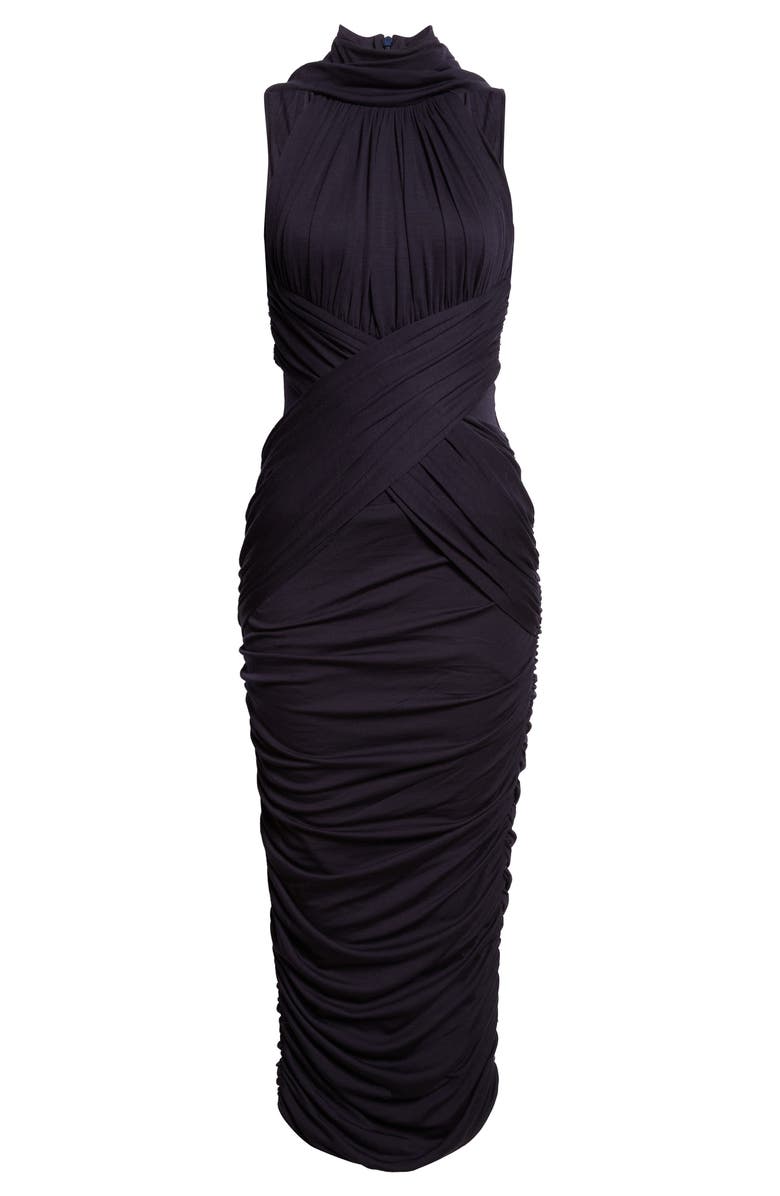 Balmain Draped Wool Jersey Midi Dress, Alternate, color, 6Du Blue