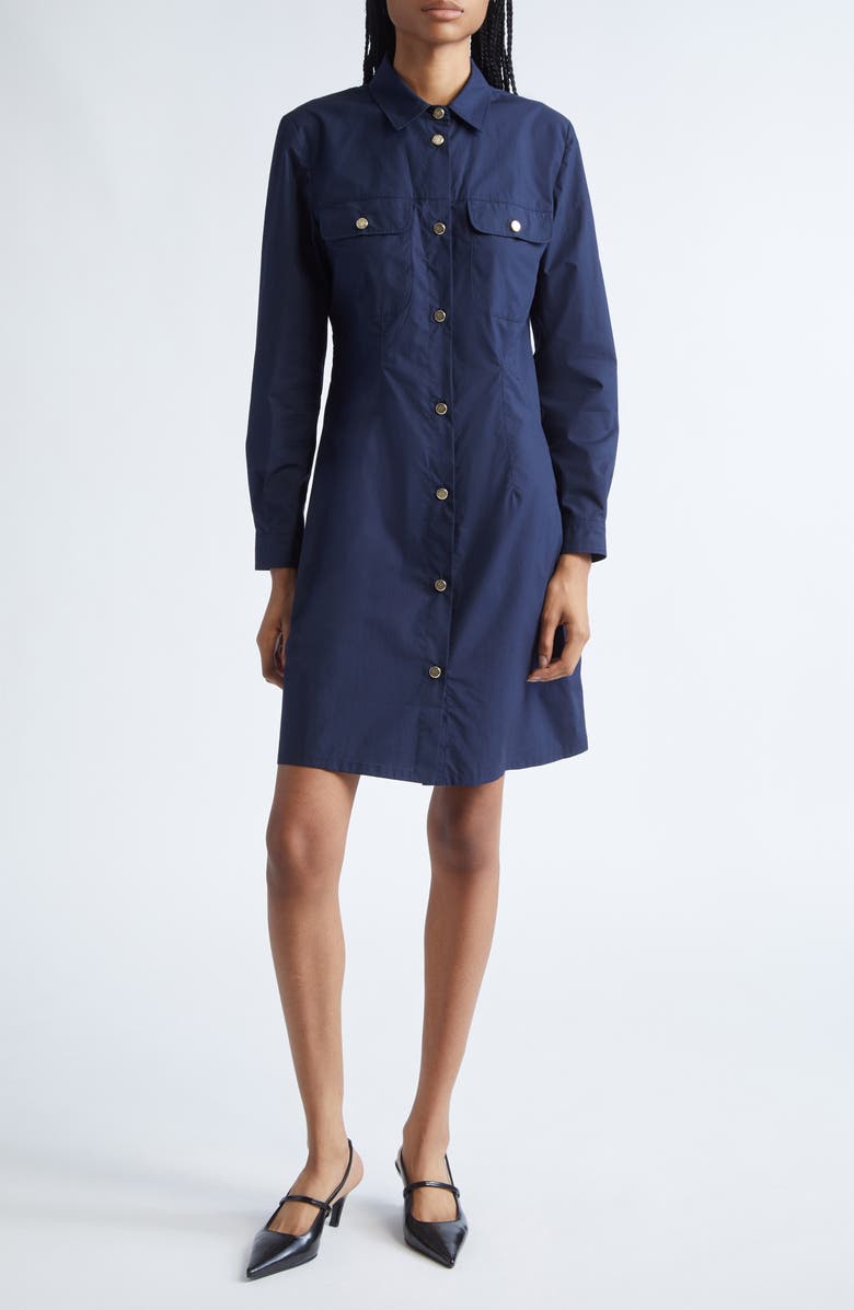 Emporio Armani Long Sleeve Cotton Poplin Button-Up Shirtdress, Main, color, Dark Navy