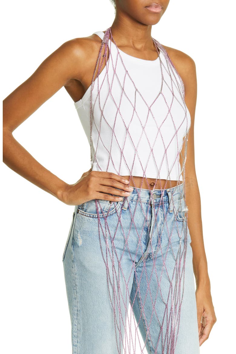 Bellatrix Halter Neck Jeweled Chain Net Dress Overlay, Alternate, color, FUCSIA AB