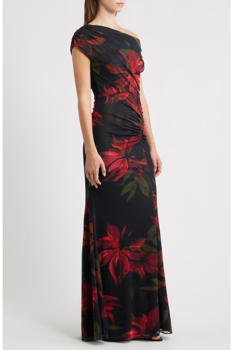 Floral One-Shoulder Mesh Gown, Alternate, color, BLACK MULTI