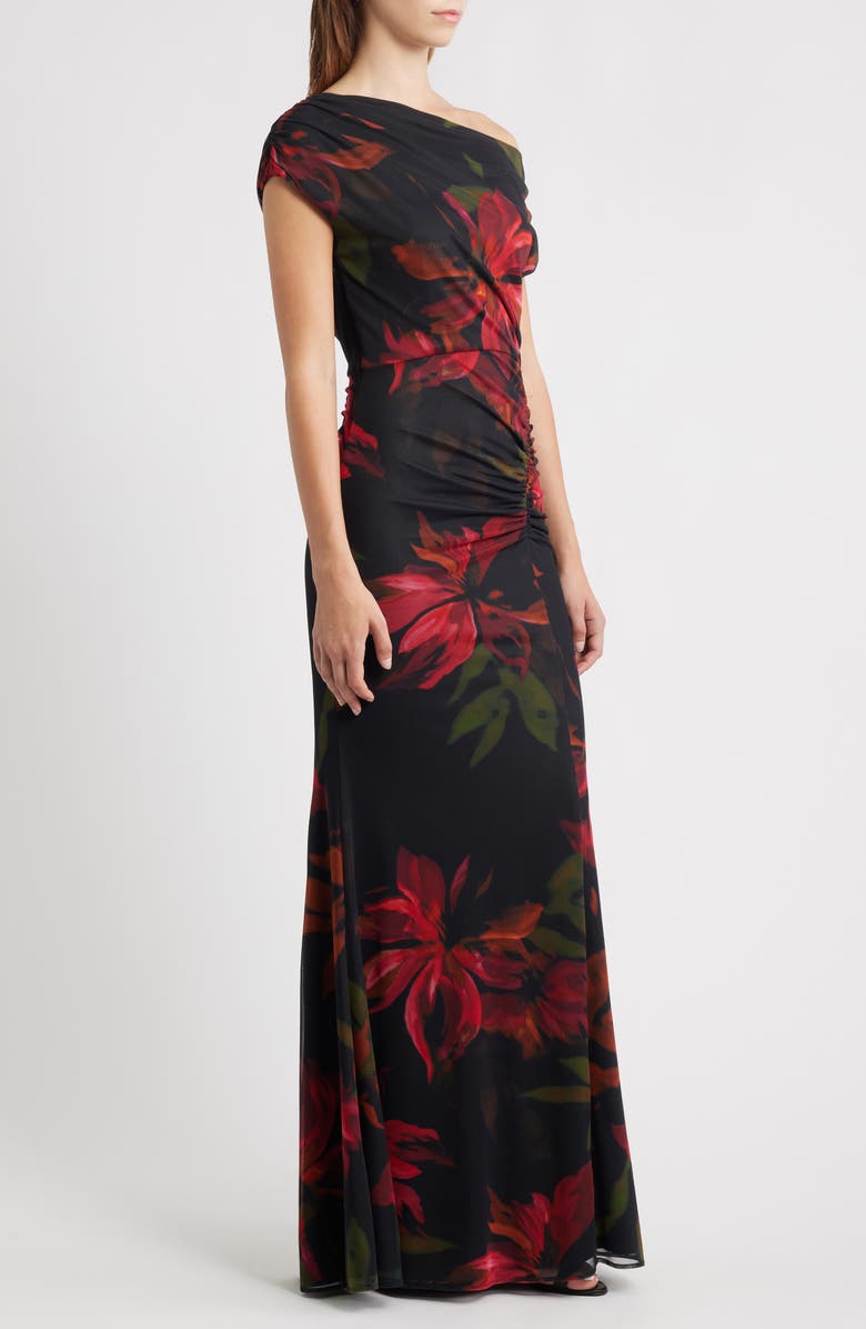 Vince Camuto Floral One-Shoulder Mesh Gown, Alternate, color, Black Multi