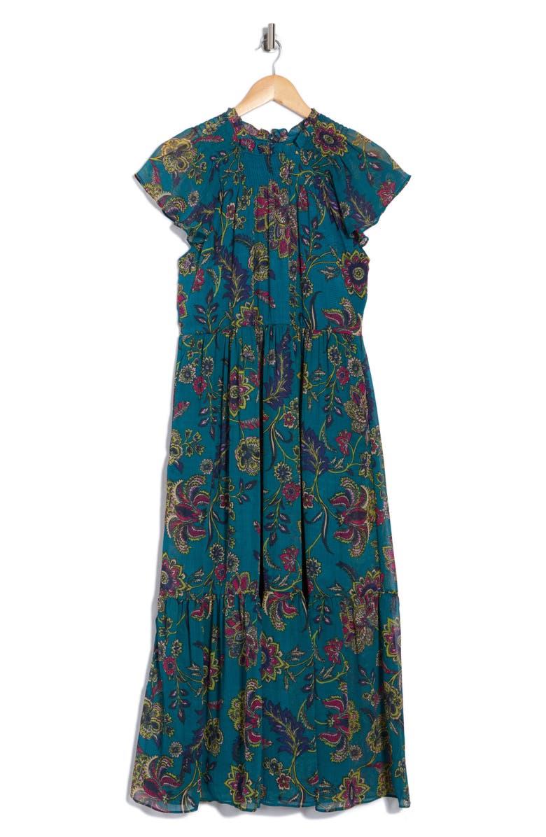 The Good Journey Smocked Flutter Sleeve Midi Dress, Alternate, color, Teal/ Fuchsia