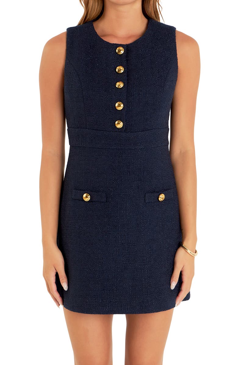 English Factory Golden Button Sleeveless Tweed Minidress, Alternate, color, Navy