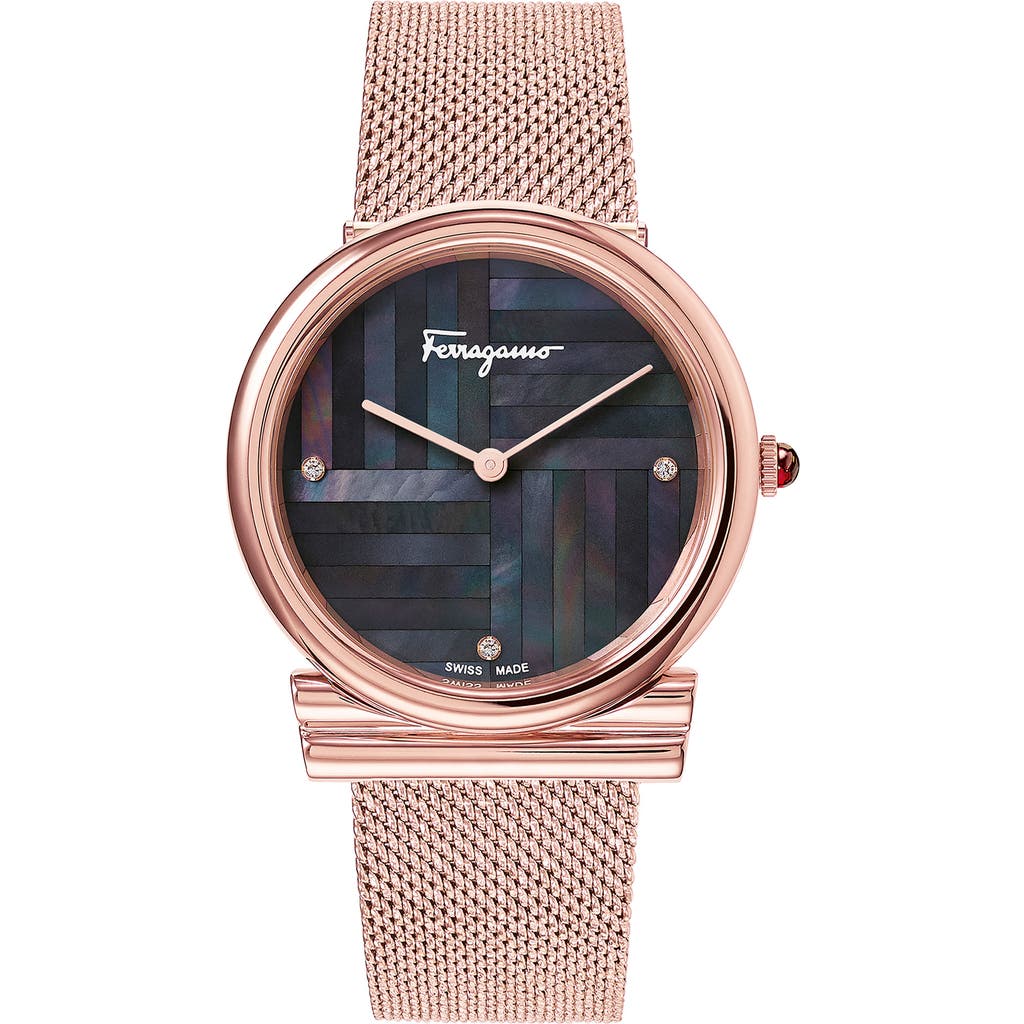 Ferragamo Gancino Slim Mesh Strap Watch, 34mm In Rosegld/blk Mop/rosegold