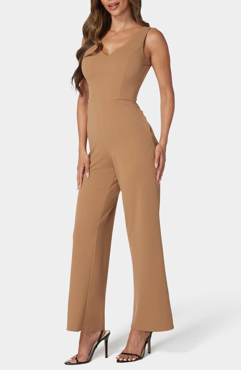 bebe V-Neck Scuba Jumpsuit, Alternate, color, Camel