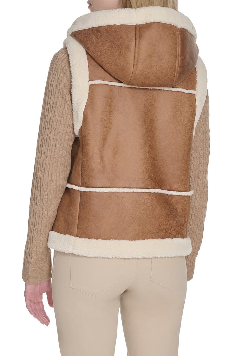 Cole Haan Hooded Faux Waxed Suede & Faux Shearling Vest, Alternate, color, Hazelnut