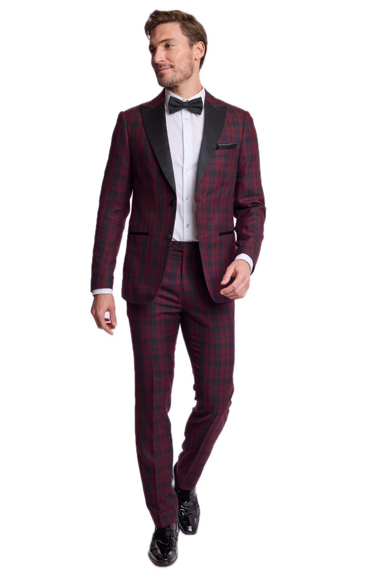 Sloane Slim Fit Plaid Tuxedo Pants, Alternate, color, BURGUNDY BLACK TARTAN