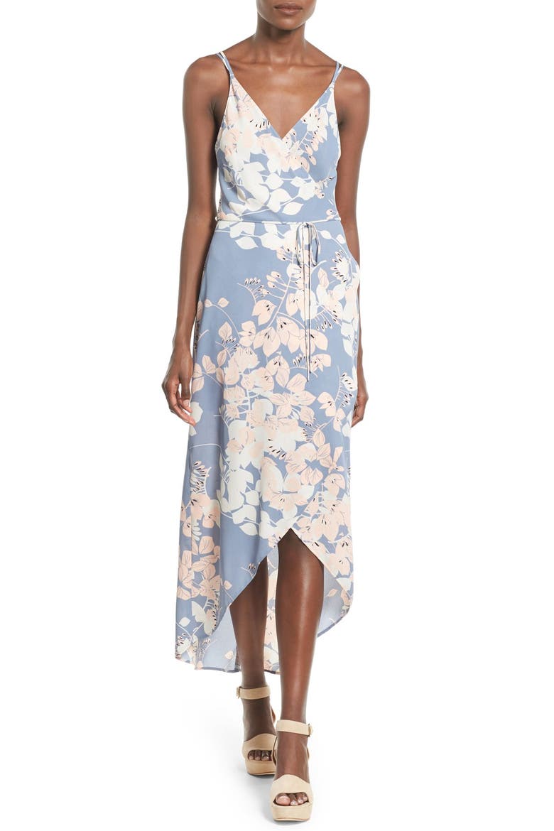 ASTR Wrap Front High/Low Dress, Main, color, BLUE MULTI FLORAL