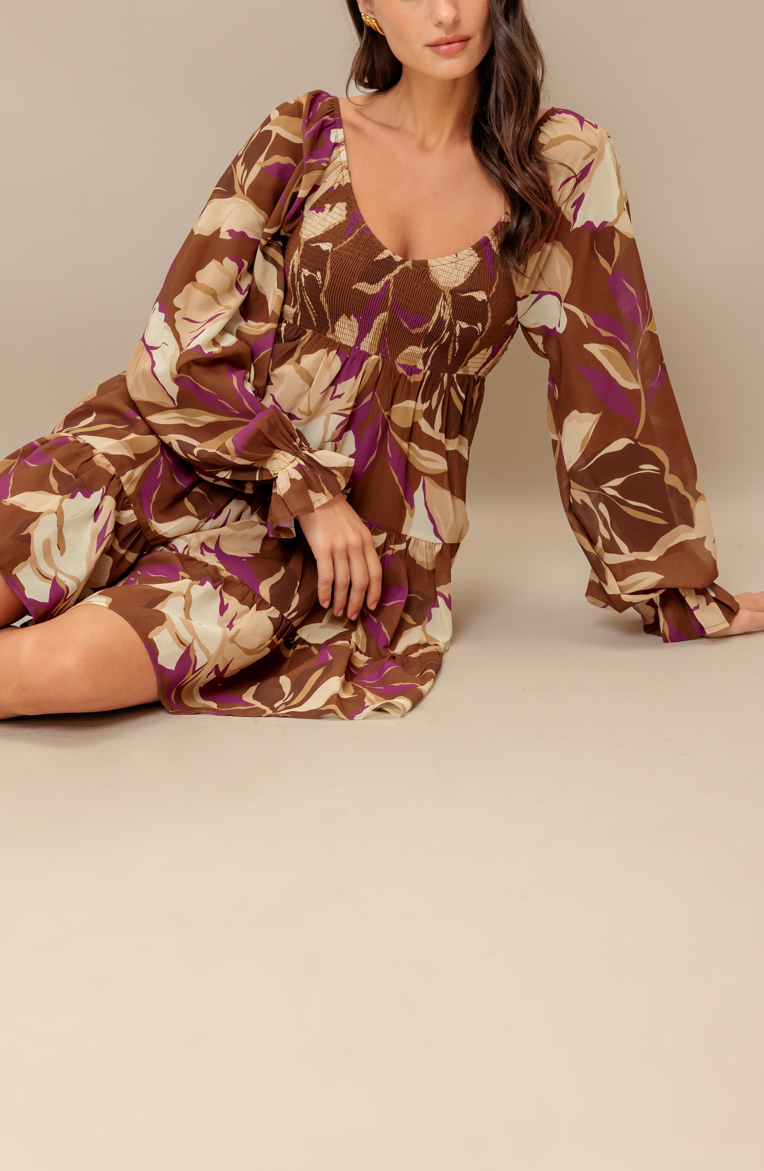 Floral Long Sleeve Tiered Babydoll Dress