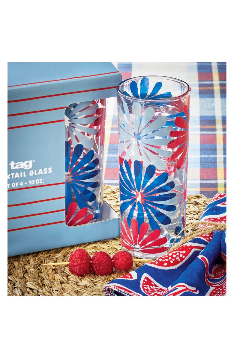 tag Set of 4 Groovy Clear Glass Drinkware with Bright Flowers, Alternate, color, Multicolored