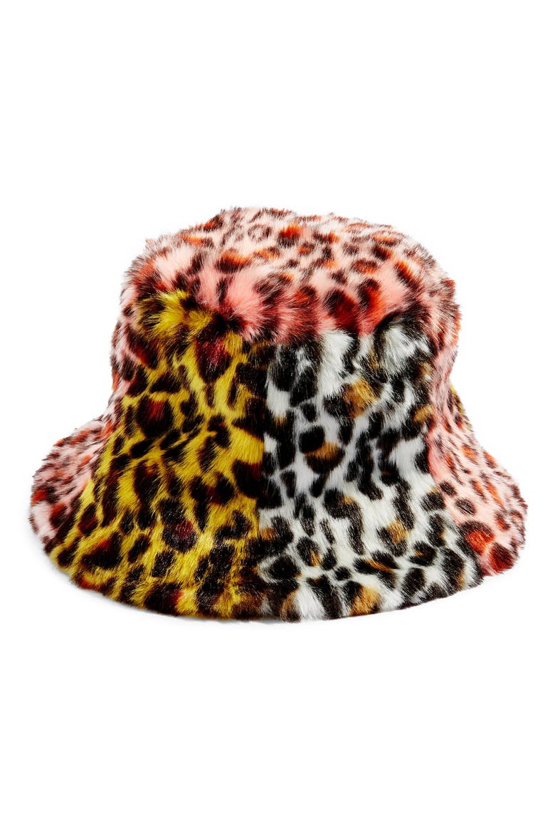 Mixed Animal Print Faux Fur Bucket Hat, Main, color, BLACK MULTI