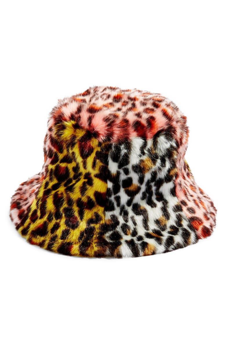 Topshop Mixed Animal Print Faux Fur Bucket Hat, Main, color, 