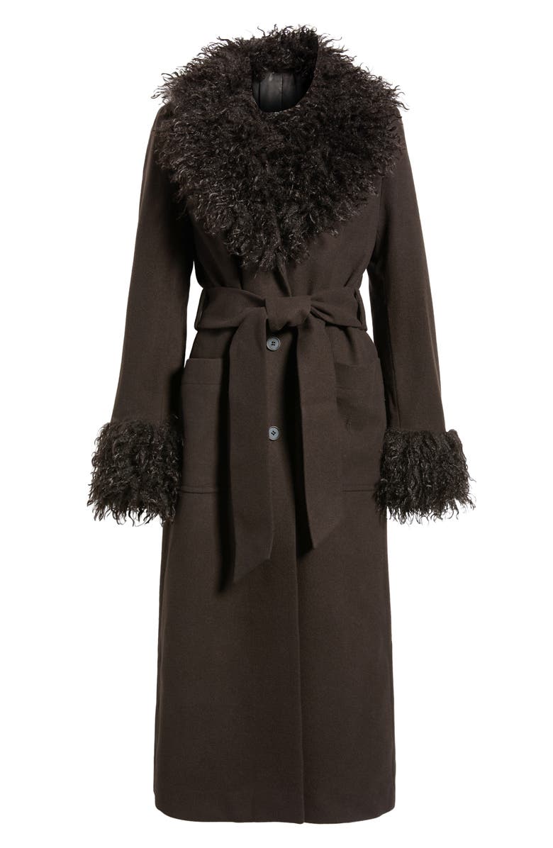 & Other Stories Faux Fur Trim Belted Recycled Wool Blend Coat, Alternate, color, Brown Dark