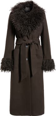 & Other Stories Faux Fur Trim Belted Recycled Wool Blend Coat