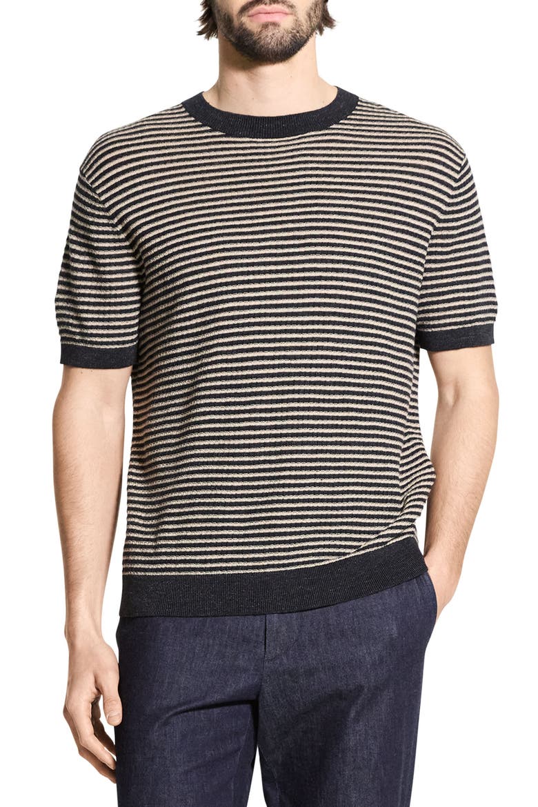 Stripe Short Sleeve Linen & Cotton Blend Crewneck Sweater, Main, color, BLACK/ CHINO