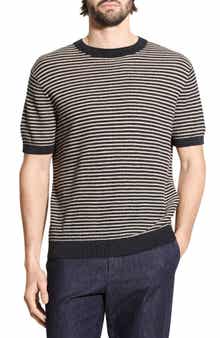 Theory Stripe Short Sleeve Linen & Cotton Blend Crewneck Sweater