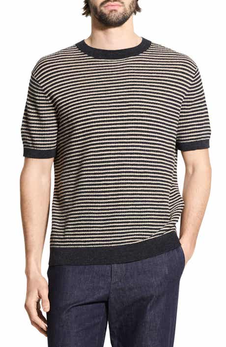 Theory Stripe Short Sleeve Linen & Cotton Blend Crewneck Sweater