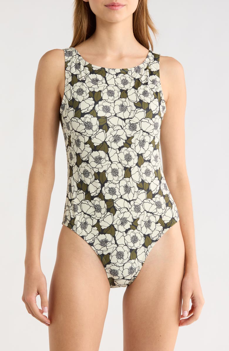Hutch Buckle Back One-Piece Swimsuit, Main, color, Blck Olive Flt Outline Poppies