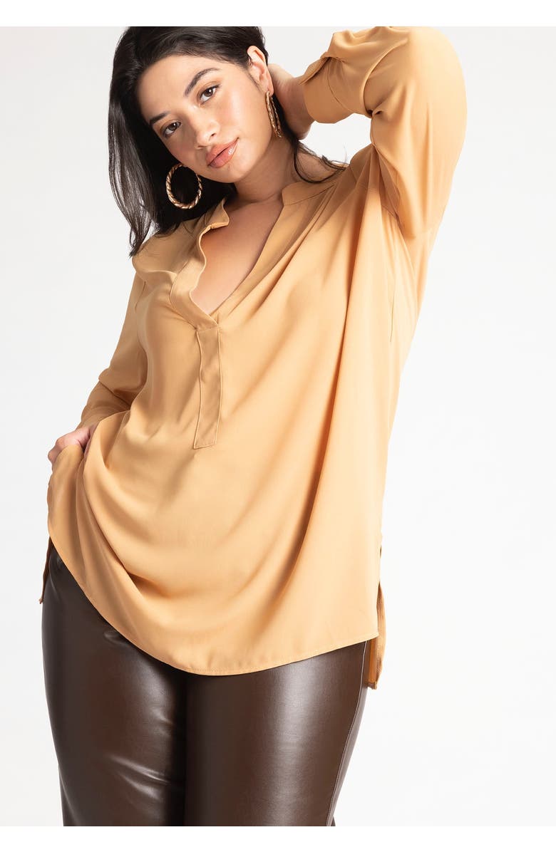 ELOQUII Mandarin Collar Tunic, Alternate, color, Tan