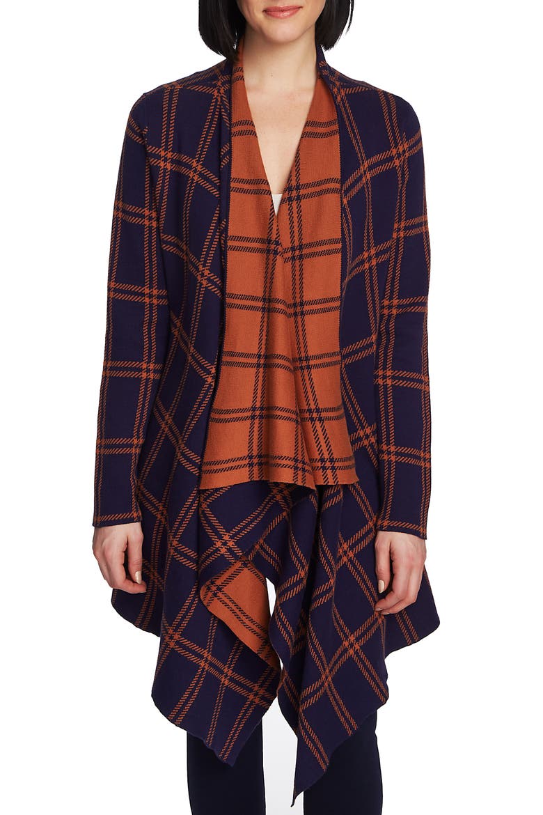 Plaid Long Double Knit Cardigan, Main, color, EVENING NAVY
