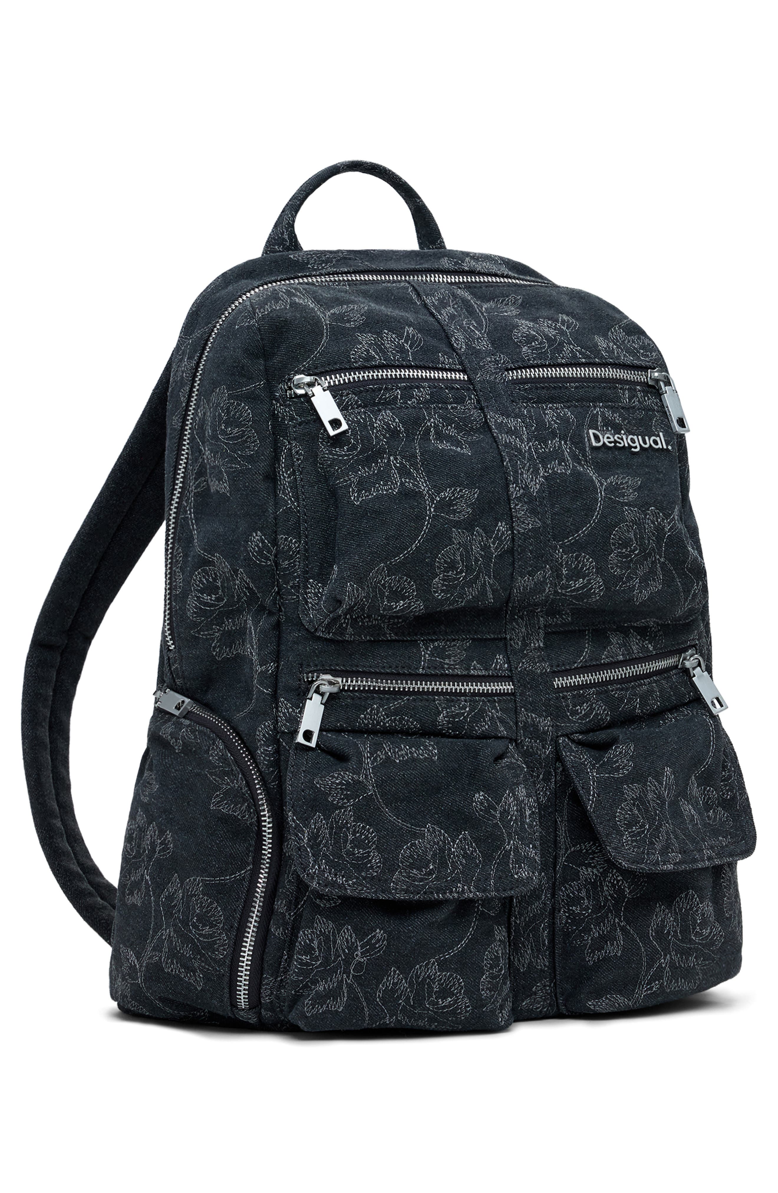 Desigual Large Embroidered Denim Backpack, Alternate, color, Black