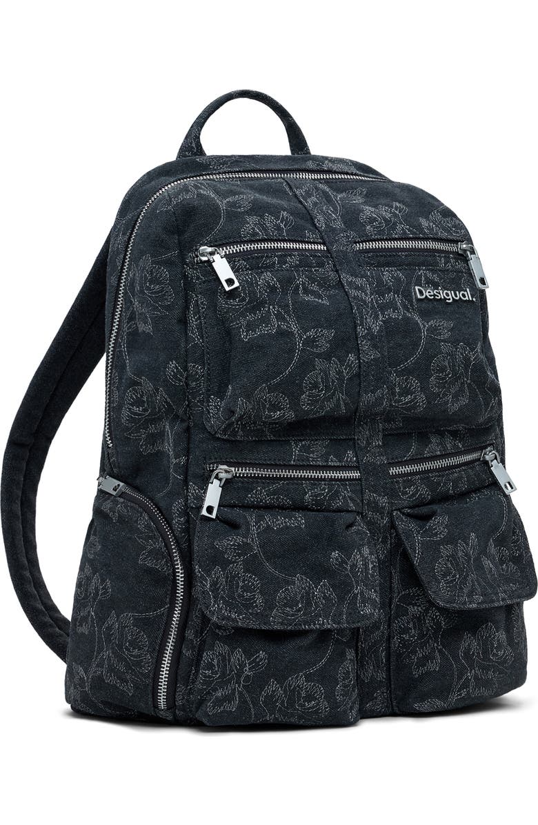 Desigual Large Embroidered Denim Backpack, Alternate, color, Black