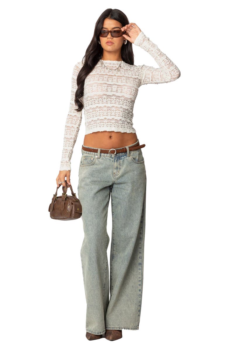 EDIKTED Daisey Textured Sheer Lace Crop Top, Alternate, color, Cream