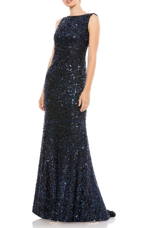 Cowl Back Boat Neck Sequined Evening Gown