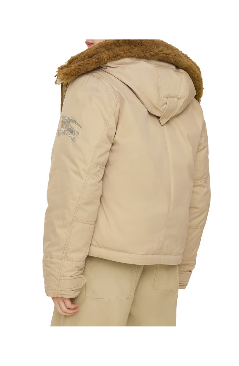 Burberry Shearling Trim Gabardine Hooded Jacket, Alternate, color, Hamper Beige