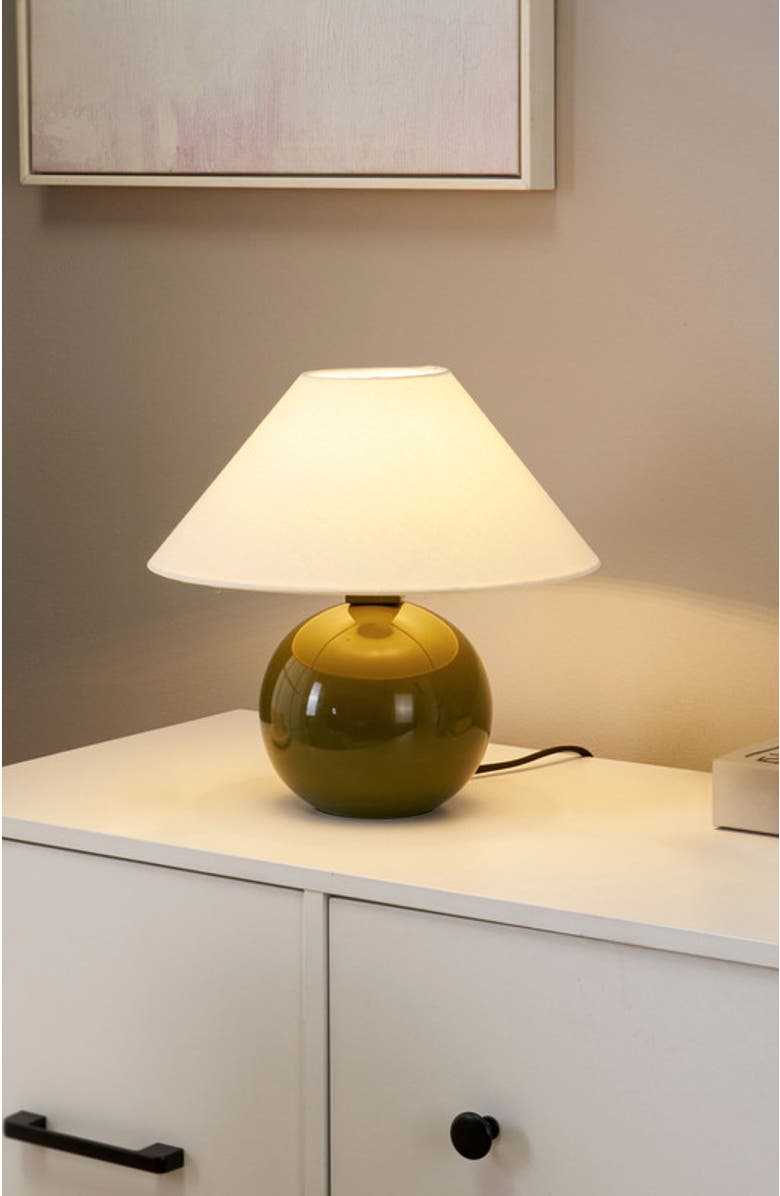 Brightech Fiona 11" Round Ceramic Coastal LED Bedside Table Lamp with Classic Empire Shade, Alternate, color, Olive Green