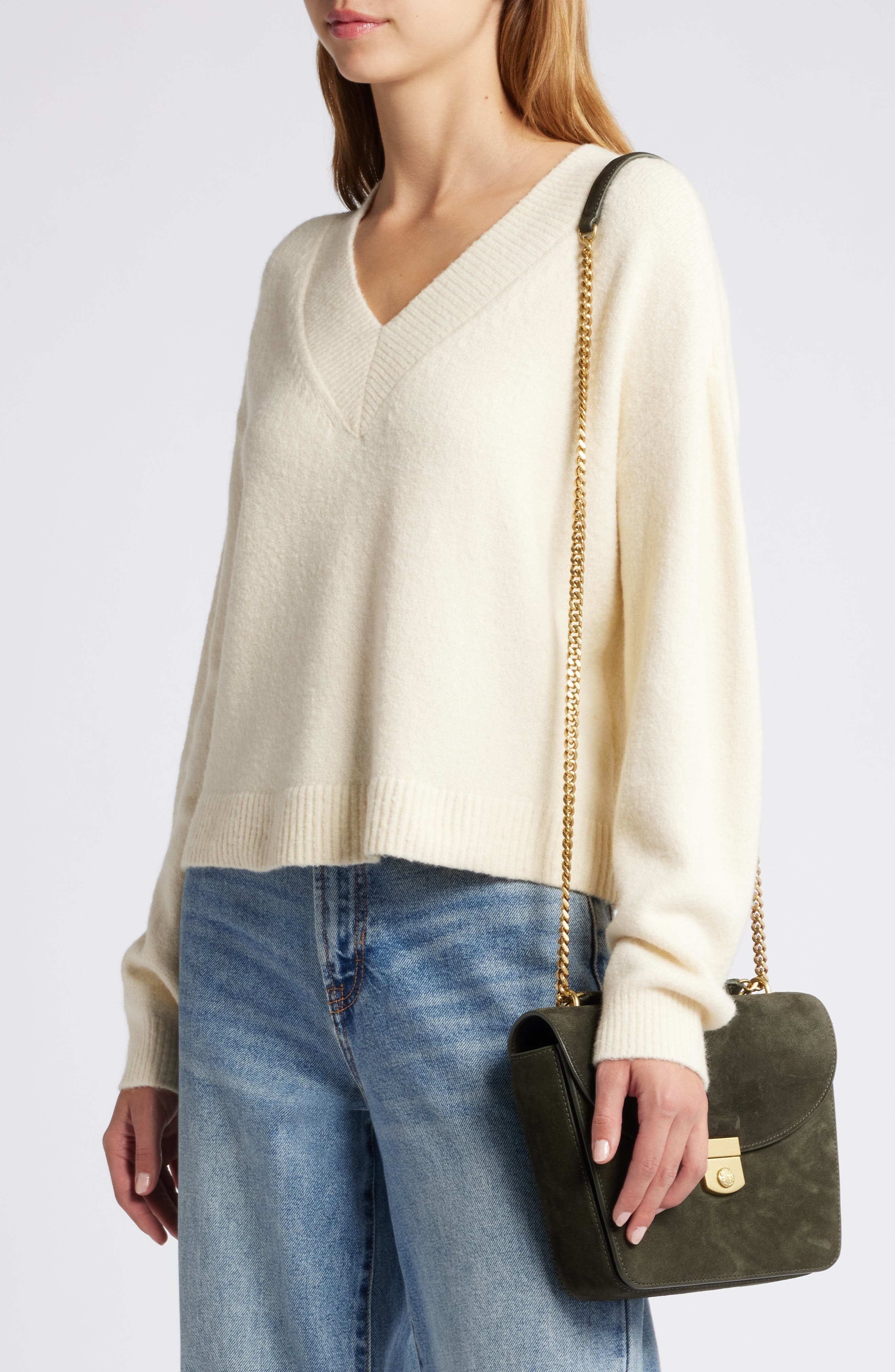 Veronica Beard Double Link Flap Suede Shoulder Bag, Alternate, color, Pine