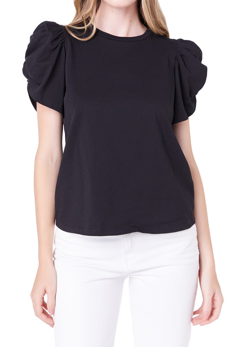 Gathered Sleeve Knit Top, Alternate, color, BLACK