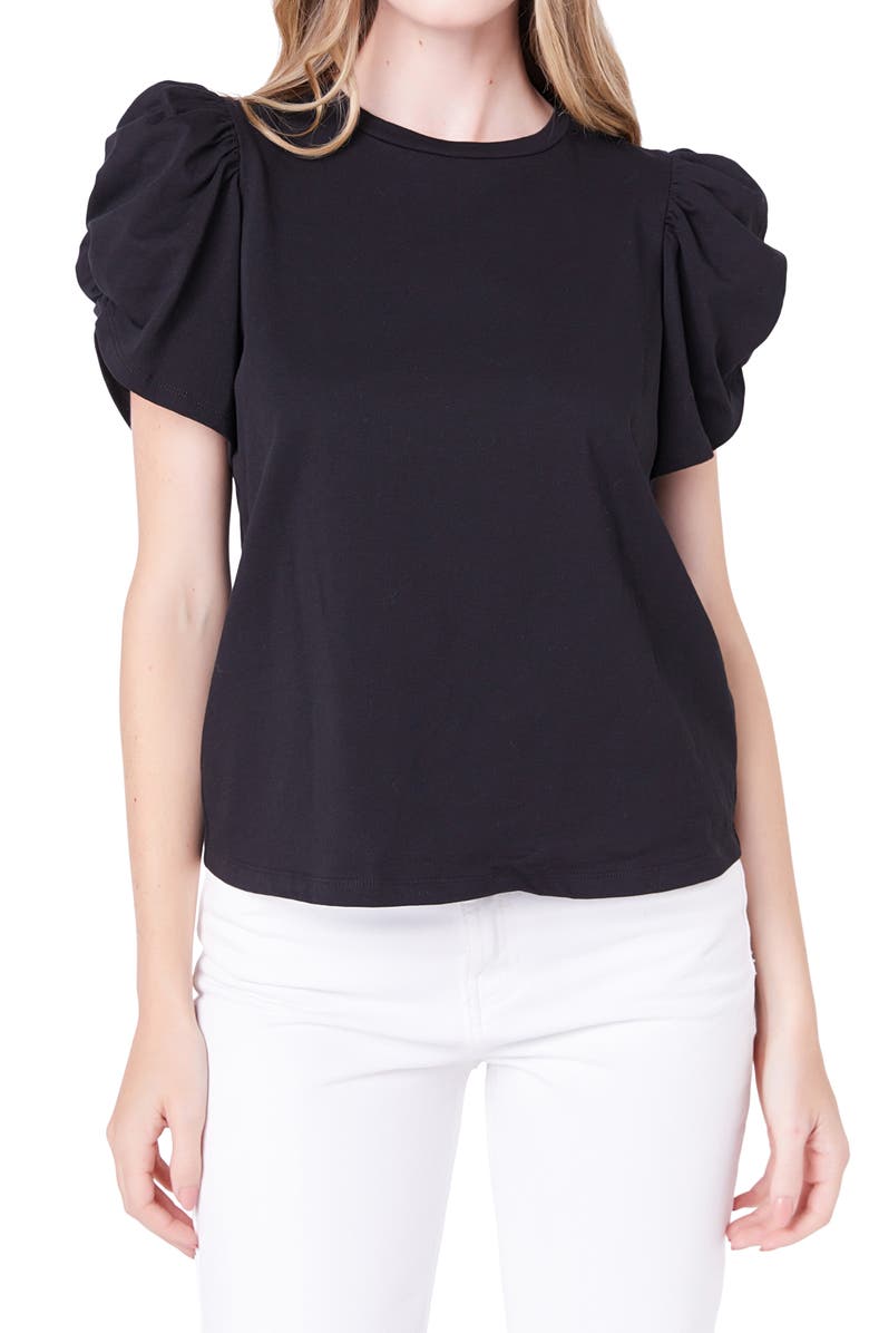 English Factory Gathered Sleeve Knit Top, Alternate, color, Black