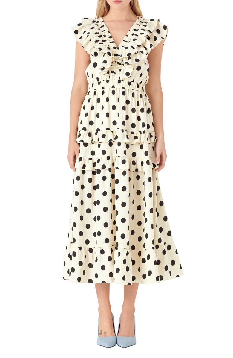 English Factory Polka Dot Ruffle Trim Midi Dress, Main, color,