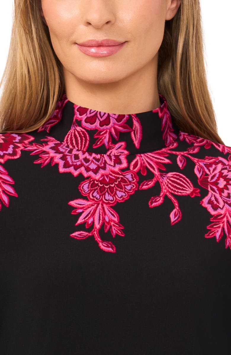 CeCe Placement Floral Mock Neck Top, Alternate, color, Rich Black