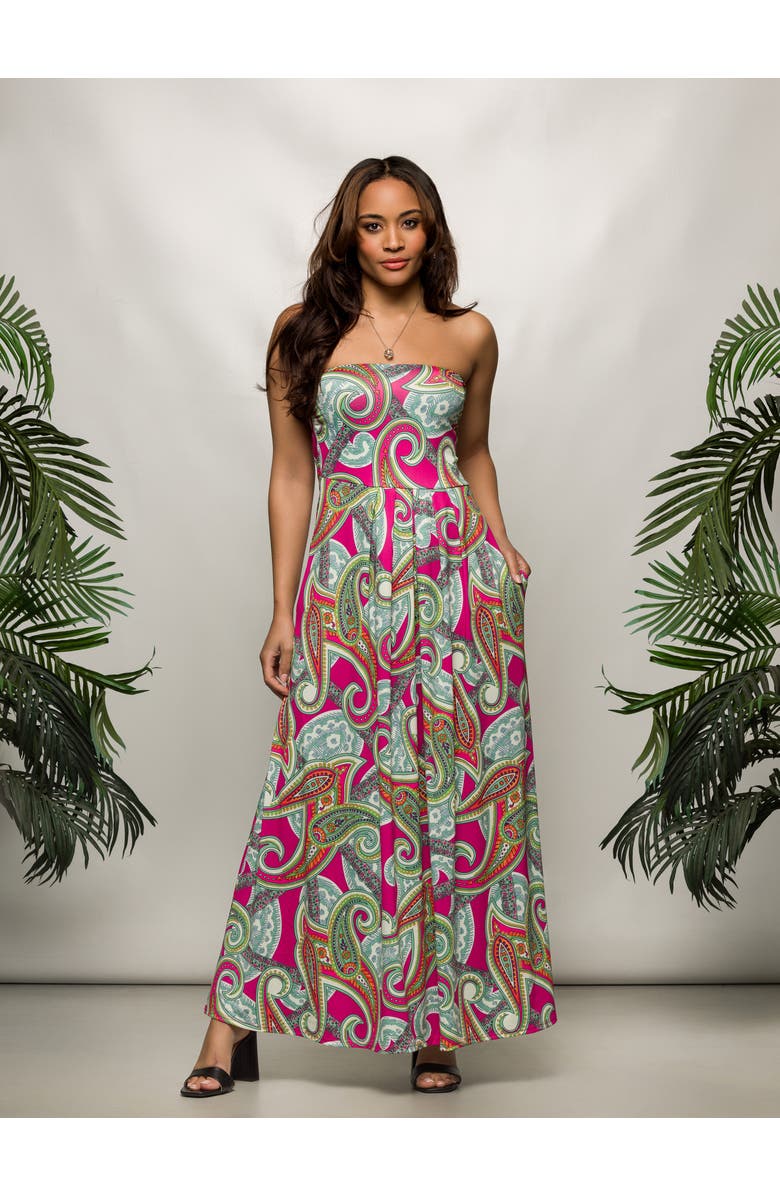 24seven Comfort Apparel Pink Paisley A-Line Strapless Maxi Dress With Pockets, Alternate, color, 