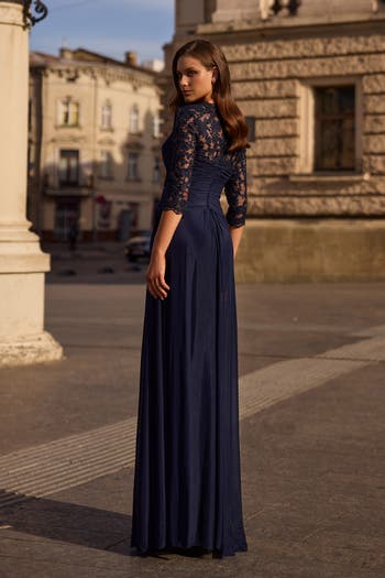Jersey Gown with Knot Detail and Lace Sleeves