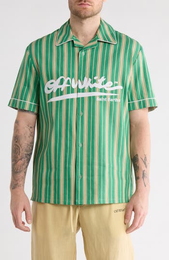 Stripe Holiday Cotton & Linen Blend Camp Shirt