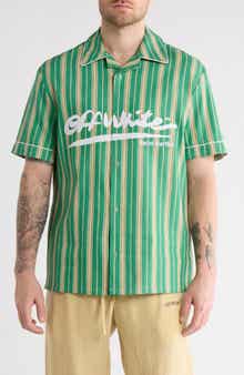 Off-White Stripe Holiday Cotton & Linen Blend Camp Shirt