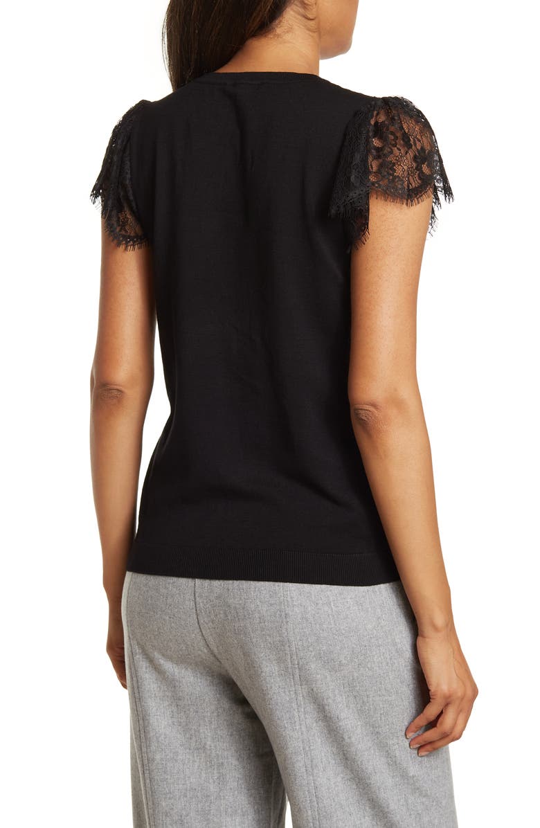 Adrianna Papell Lace Panel Mixed Media Short Sleeve Sweater, Alternate, color,