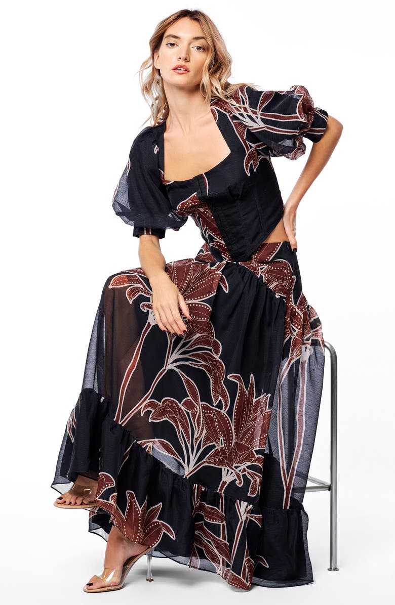 CIEBON Caribla Puff Sleeve Corset Top, Alternate, color, Black Multi