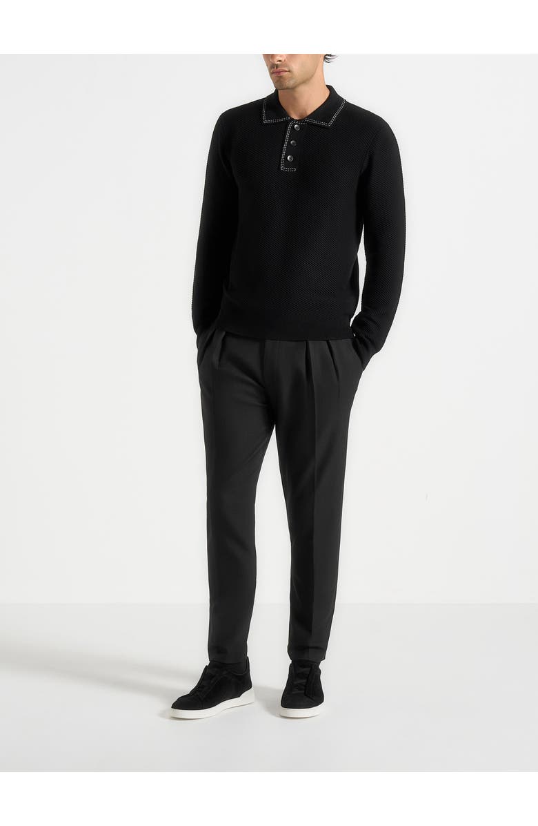 Manière De Voir Aymeric Whipstitch Detail Long Sleeve Knit Polo Shirt, Alternate, color, Black