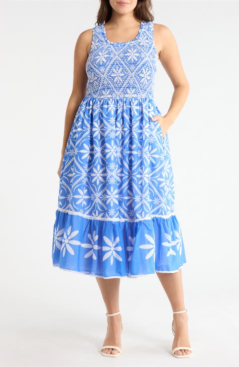 Jessy Smocked Sleeveless Midi Dress (Plus)