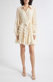 Ramy Brook Maya Ruffle Detail Long Sleeve Silk Mini Shirtdress