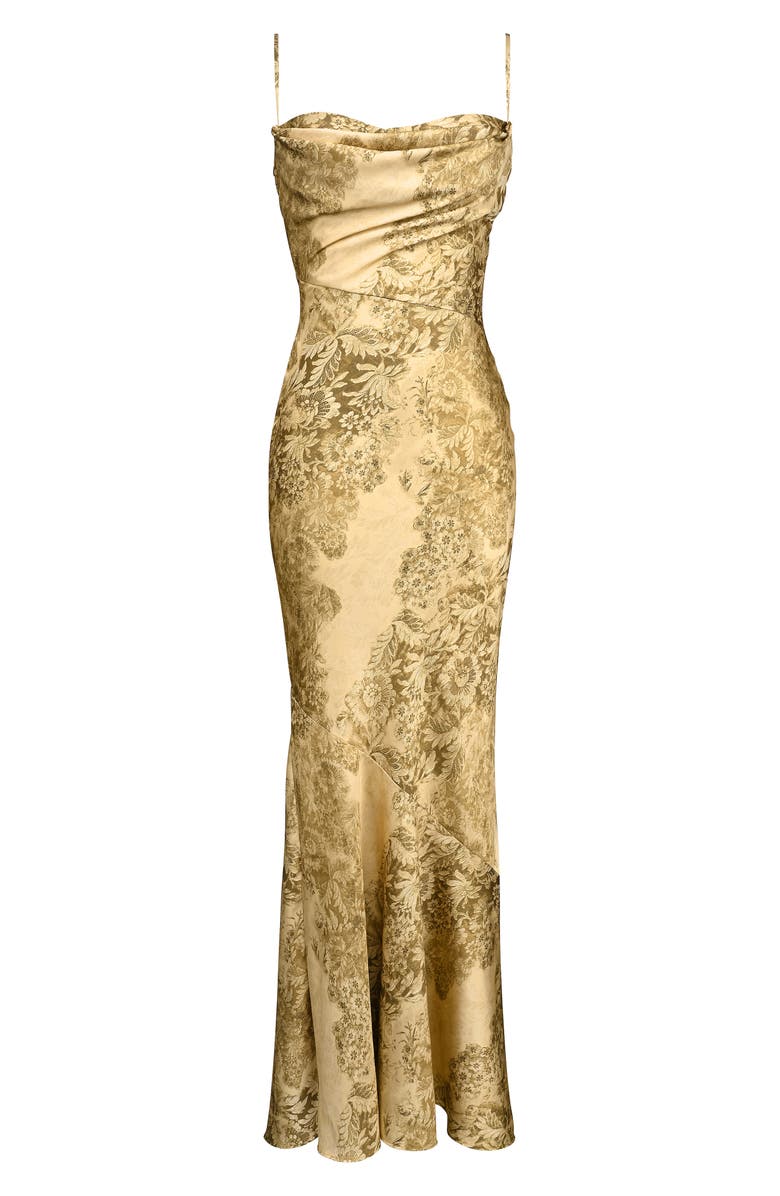 HOUSE OF CB Nalani Floral Satin Burnout Gown, Alternate, color, Gold
