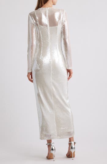 Sequin Long Sleeve Semisheer Cocktail Maxi Dress